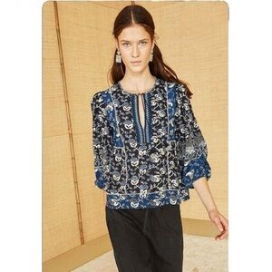 Ulla Johnson Navy and White Floral Split-Neck Blouse